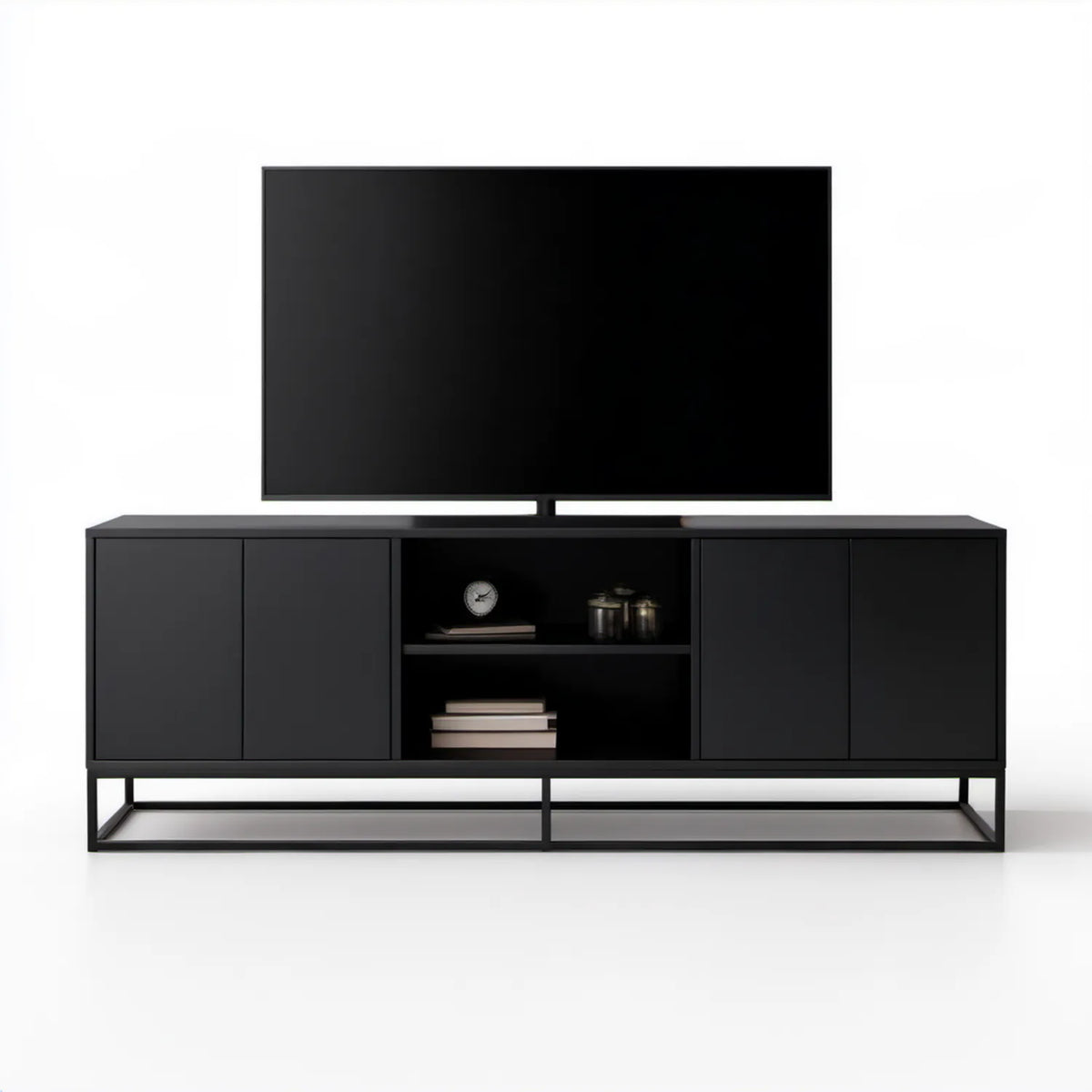 Czarna szafka RTV 180 x 40 x 60 cm z laminowanej płyty i stali