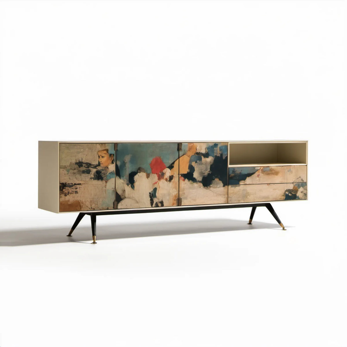 Beżowa szafka RTV z abstrakcyjnym nadrukiem, 3 drzwiami i 3 szufladami, 180 x 40 x 70 cm