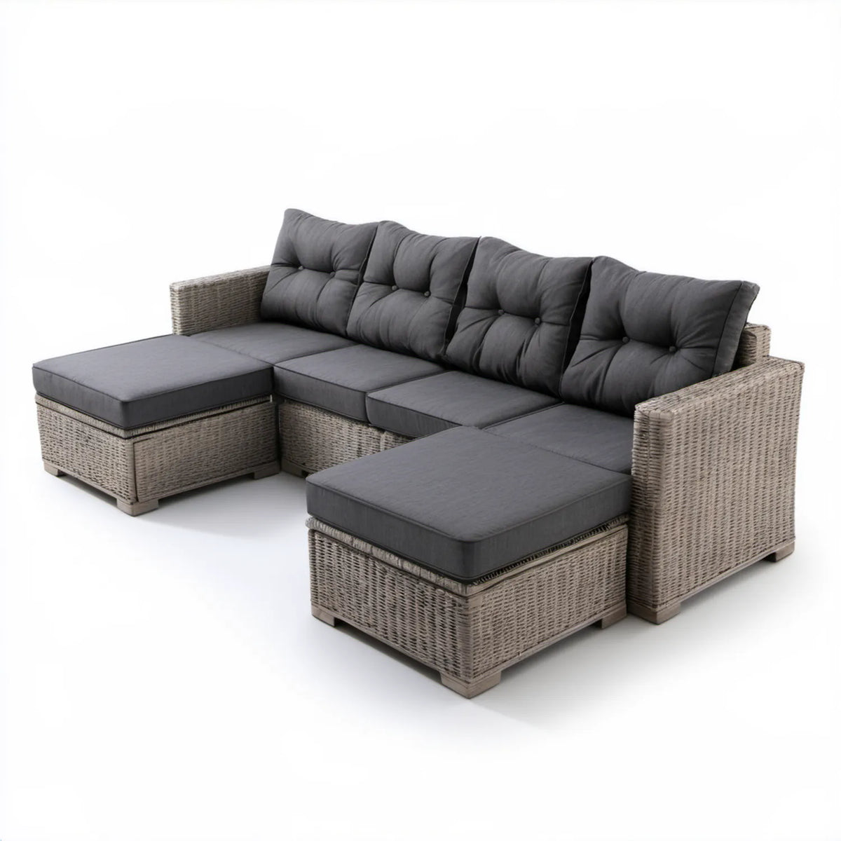 Modułowy narożnik ogrodowy z technorattanu 250 x 190 x 85 cm z 2 pufami, szarobrązowy/ciemnoszary