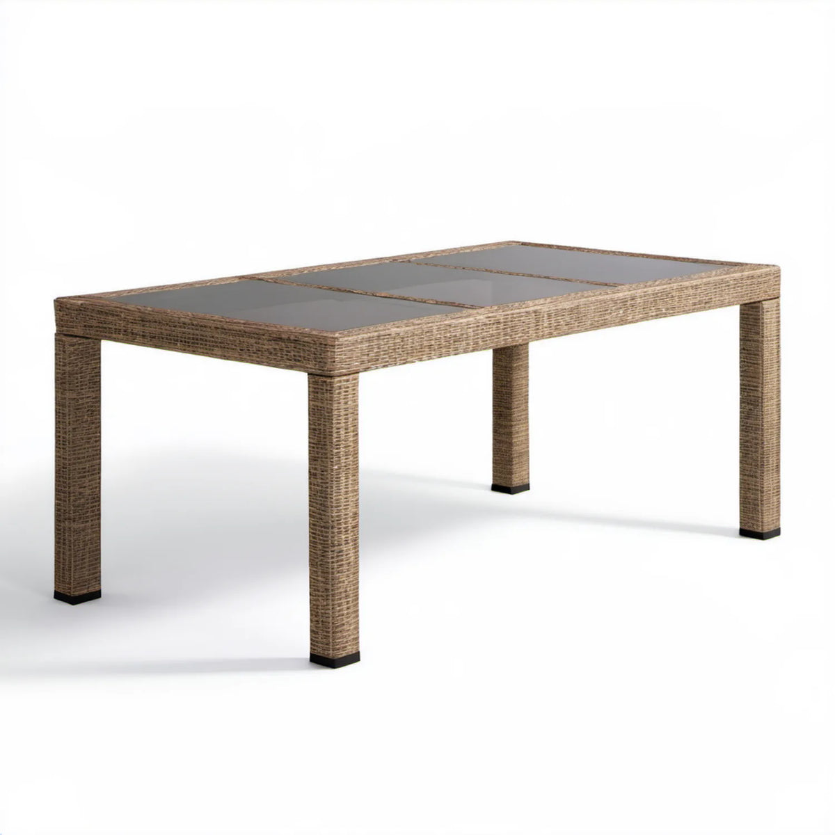 Prostokątny stół ogrodowy z technorattanu i szkła hartowanego 150 × 90 × 75 cm brązowo-beżowo-szary