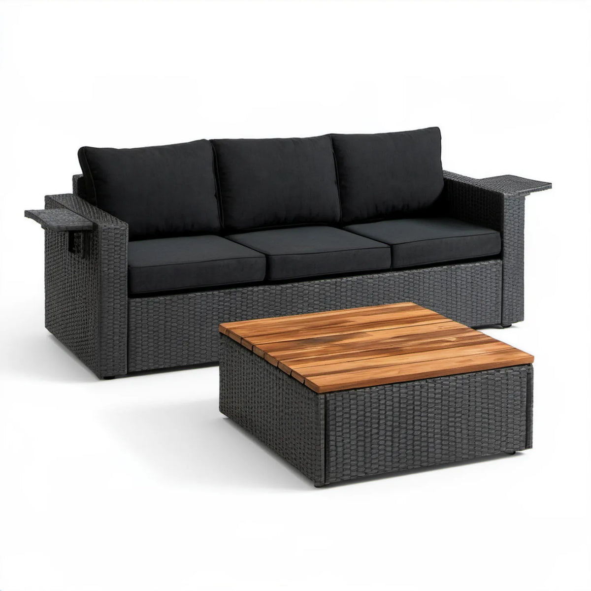 Czarny komplet wypoczynkowy z technorattanu PE z drewnianym stolikiem, sofa 200 x 75 x 70 cm, stolik 100 x 60 x 30 cm