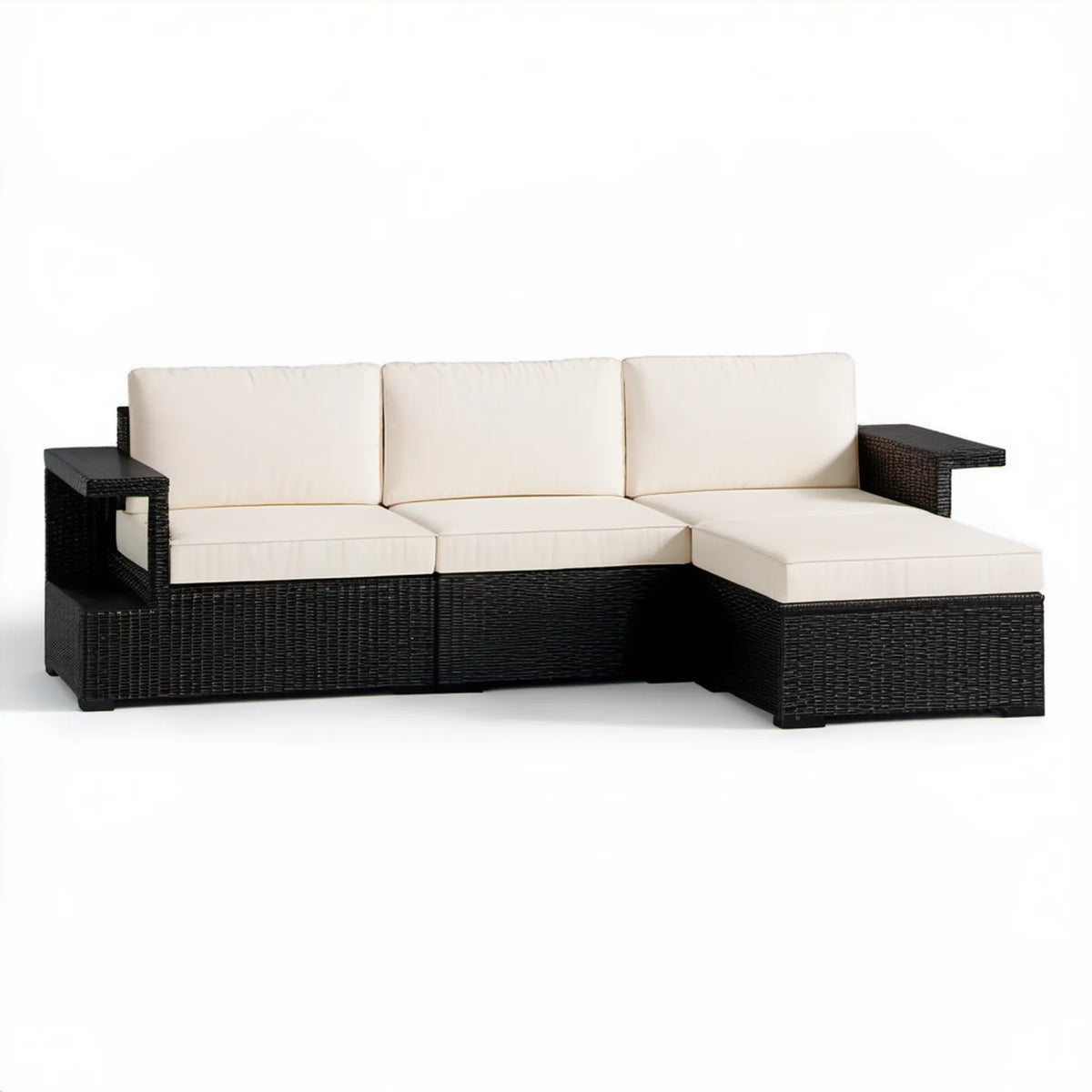 Narożna sofa ogrodowa z technorattanu PE, czarno-kremowa, 190 x 140 x 63 cm