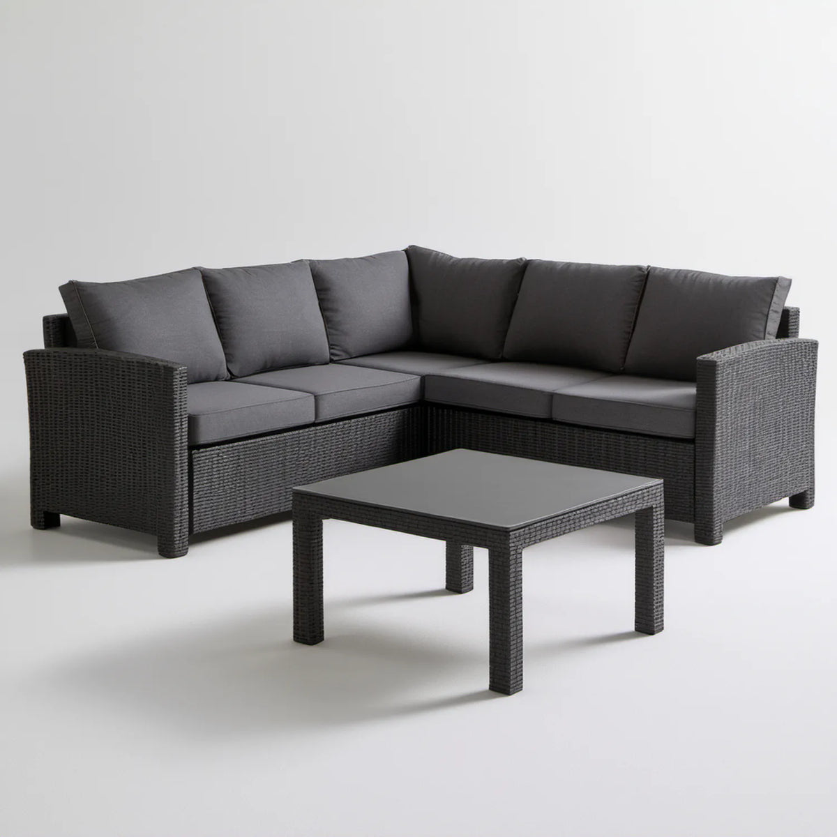 Narożnik z technorattanu 210 × 210 × 65 cm ze stolikiem 70 × 70 × 35 cm, czarny/ciemnoszary