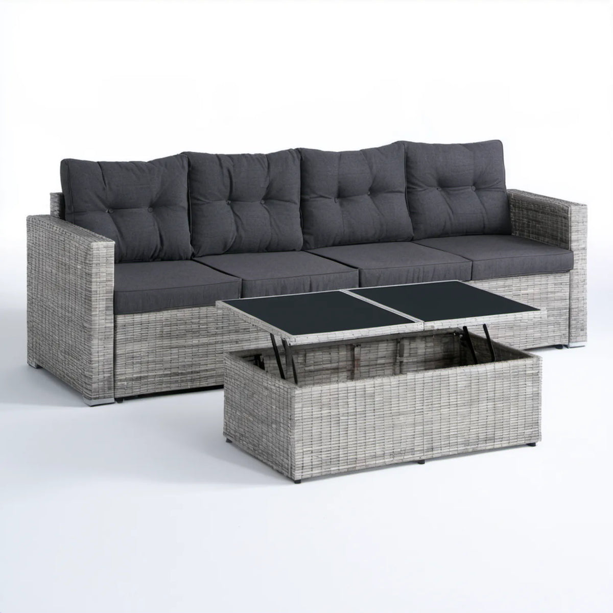 Szary zestaw ogrodowy z polirattanu: sofa 3-osobowa 191 x 70 x 83 cm i stolik ze schowkiem 100 x 60 x 45 cm