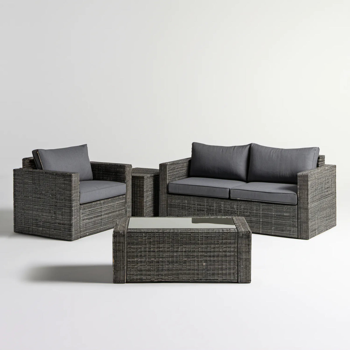 4-częściowy zestaw ogrodowy z technorattanu, szary/ciemnoszary/czarny – sofa 124 × 70 × 63 cm