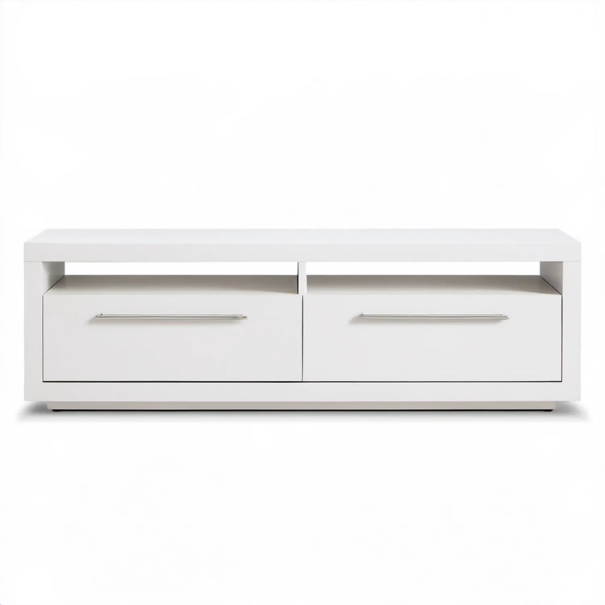 Biała szafka RTV 160 × 40 × 45 cm z 2 szufladami i 2 otwartymi wnękami, płyta laminowana