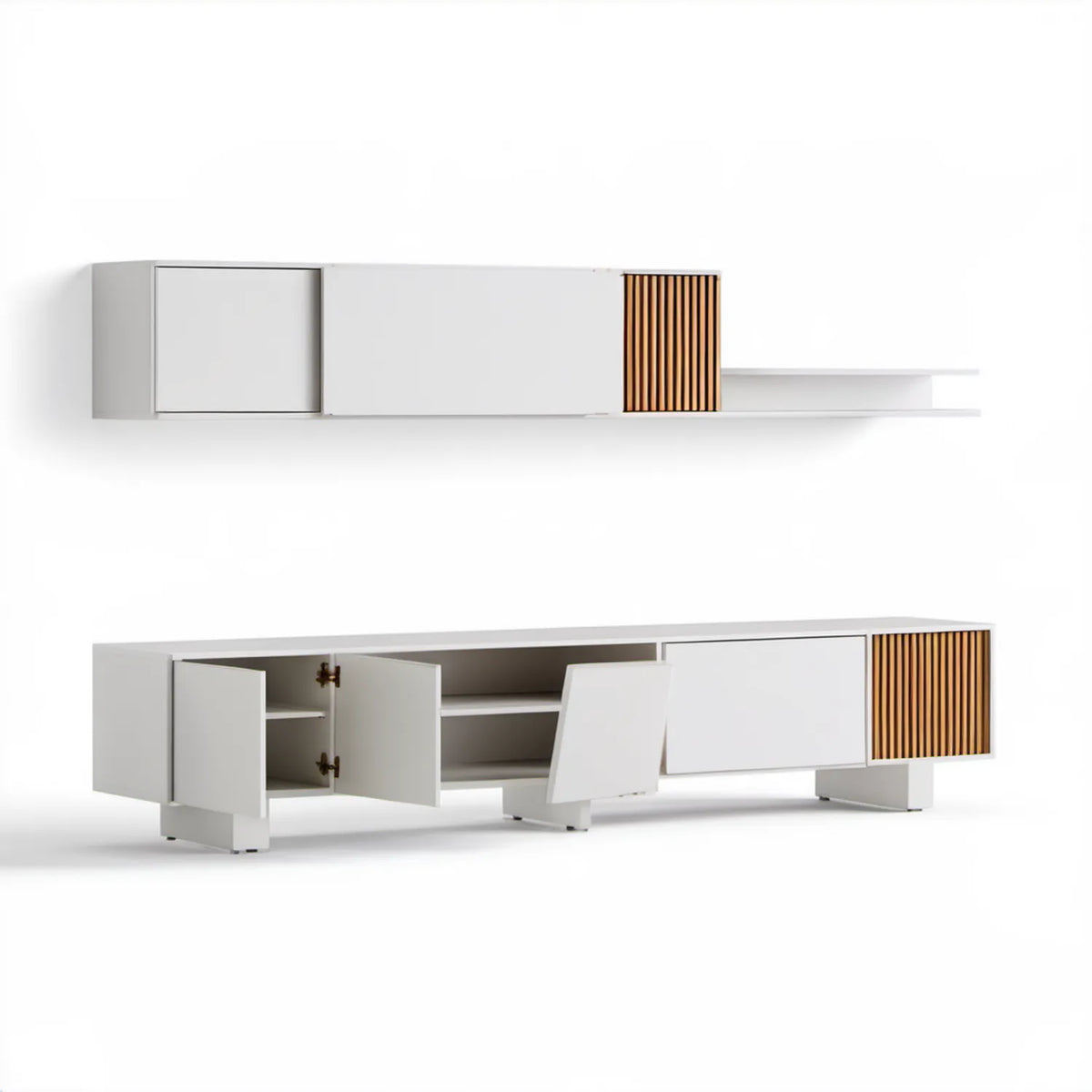 Zestaw mebli RTV 2-elementowy biały/dąb naturalny/czarny, szafka dolna 180 x 40 x 50 cm, moduł wiszący 180 x 30 x 35 cm