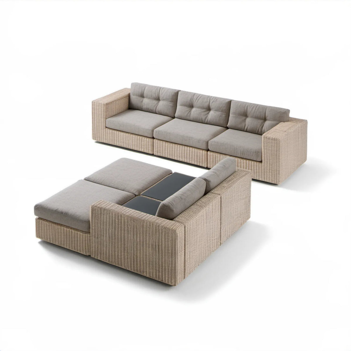Beżowo-jasnoszary zestaw ogrodowy z technorattanu PE z czarnymi blatami: sofa 230 × 85 × 80 cm i leżanka 200 × 155 × 72 cm