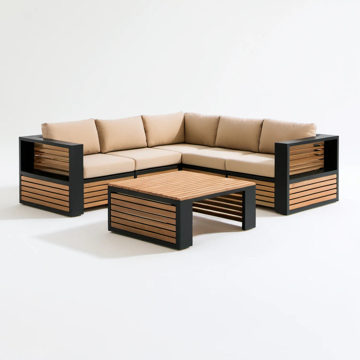 Beżowy narożny zestaw wypoczynkowy ze stolikiem, aluminium i drewno akacjowe, 260 × 260 × 75 cm
