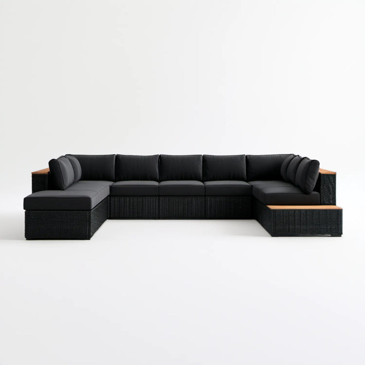 Modułowa sofa ogrodowa w kształcie U z technorattanu PE, czarna/brązowa, 320 x 220 x 65 cm