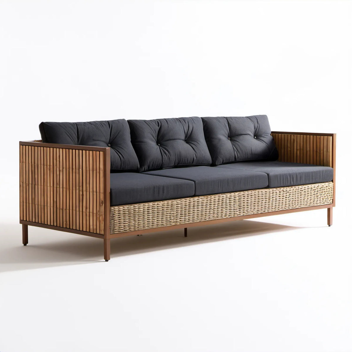 Trzyosobowa sofa ogrodowa grafitowo-brązowo-beżowa 220 x 80 x 78 cm z bambusem i technorattanem PE
